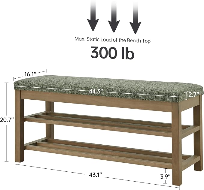 VKNOW 44.3” Wooden Entryway Bench, 2-Tier Upholstered Shoe Bench for Bedroom, Storage End of Bed Bench with Rubberwood Legs for Living Room, Hallway, Green - Image 2