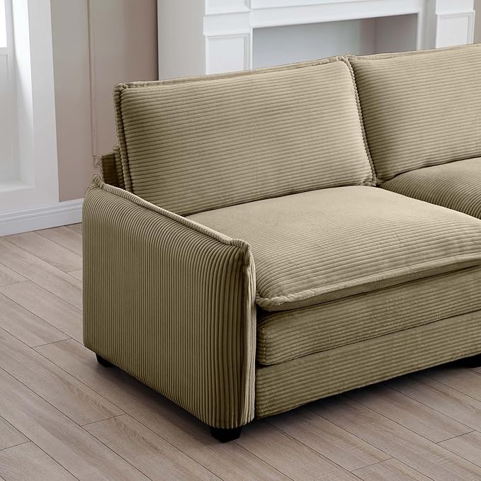 KEIKI 115" L-Shaped Oversized Corduroy Modular Sectional Sofa with 1 Ottoman, High-Density Foam Cushions, Removable Armrests, Upholstered 3-Seater Corner Couch with 5 Pillow, for Living Room, Tan