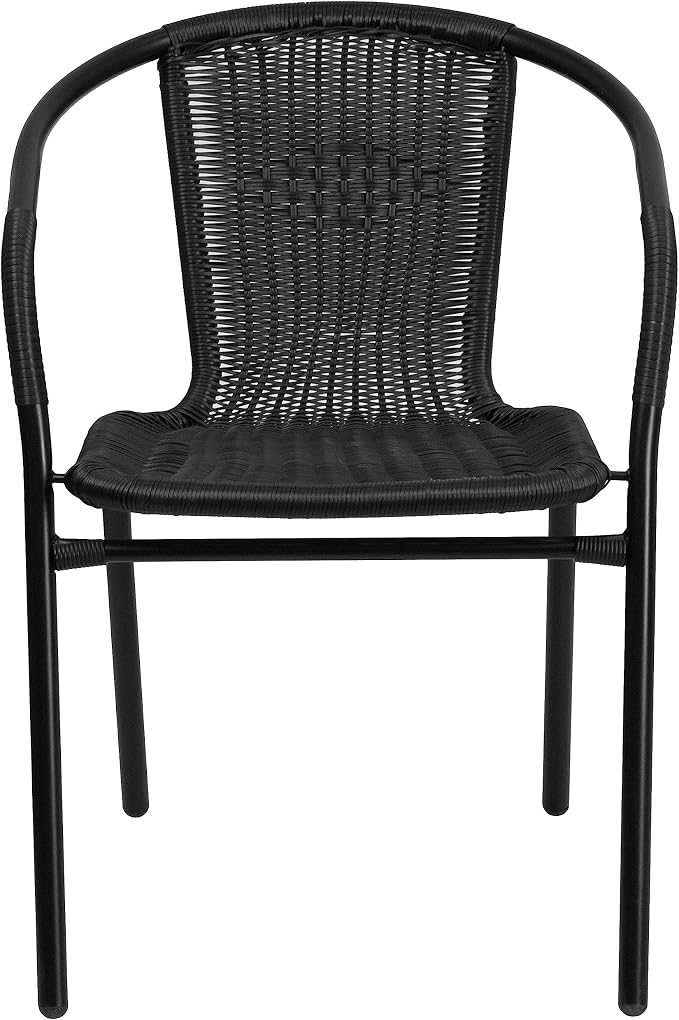 EMMA + OLIVER Set of 2 Modern Rattan Indoor/Outdoor Stack Chairs, Stacking Rattan Patio Chairs with Curved Back and Cross Bracing, Black - Image 9