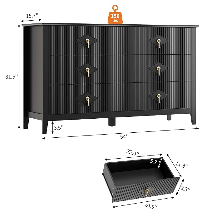 GarveeHome Fluted Dresser for Bedroom, 54 Inch Wide 6-Drawer Wood Dresser, Modern Chest of Drawers, Storage Organizer Cabinet for Living Room, Hallway, Entryway, Black - Image 2