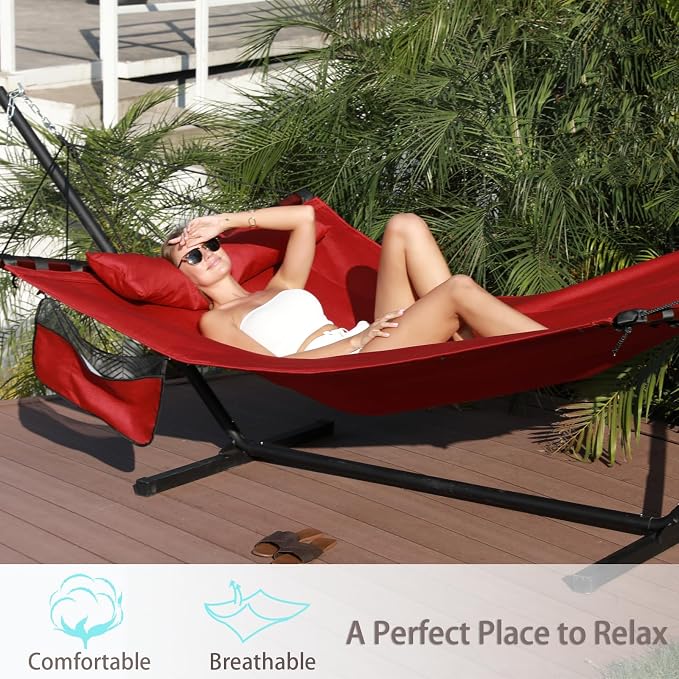 TegerDeger 12FT 2 Person Hammock Large Hammock 450LB Capacity Hardwood Spreader Bar & Nylon Rope for Outside, Patio, Garden, Backyard, Beach, Poolside - Red - Image 2