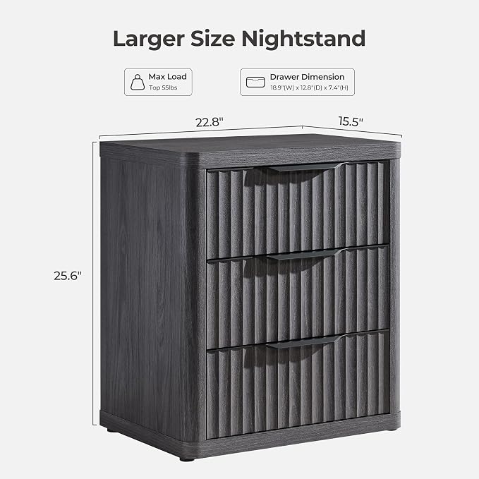 SICOTAS Night Stand Set of 2 Nightstands with 3 Drawers Storage Bedside Table Large Fluted Bed Side End Table Modern 25.6" Tall Wide Night Stands for Bedroom Living Room Sofa Couch Office - Image 3