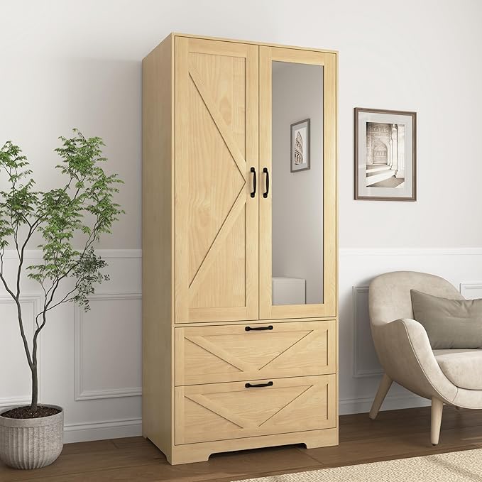 31.5" Natural Wood Finish 2-Door Wardrobe with Mirror, Modern Closet with 2 Drawers, Geometric Design Storage Cabinet for Bedroom