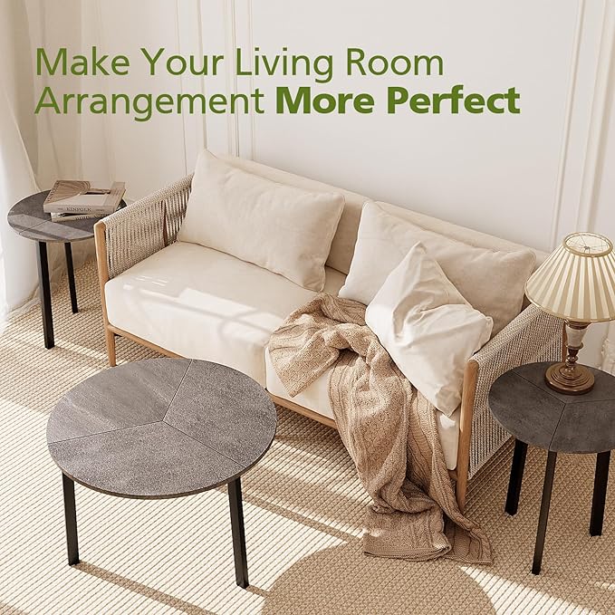 COSIEST Small Coffee Table Set of 2, Round Coffee Table with Sturdy Metal Base, Nesting Coffee Table for Living Room, Bedroom, Office (Gray & Black)