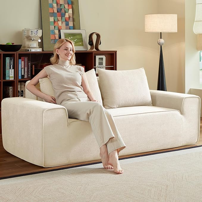 3 Seater Boneless Couch, Modern Foam Sofa in One Box, Comfy Deep Seat Sofa with 2 Pillows, Cloud Couch for Apartment, Office, No Assembly Required (White, Velvet)