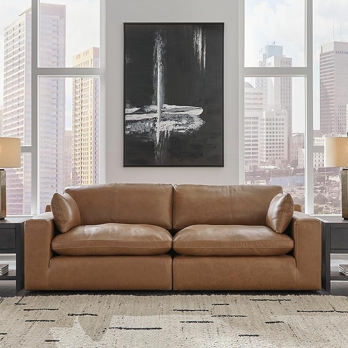 Signature Design by Ashley Emilia Modern Leather Match 2-Piece Sectional Loveseat with Loose Back Cushions and 2 Bolster Pillows, Light Brown