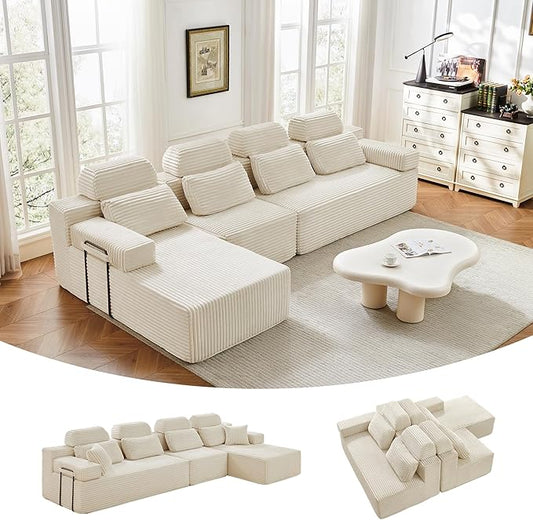 136" L-Shaped Cloud Modular Sectional Sofa with Chaise & Headrest, Boneless Deep Seat Plush Corduroy Couches for Large Living Room, No Assembly Required (White, 136" L-shapred Chaise)