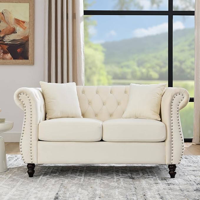 KEIKI Chesterfield Sofa, Retro Style Upholstered 2 Seater Velvet Couch with Rolled Arm for Living Room Bedroom Office Apartment, Beige