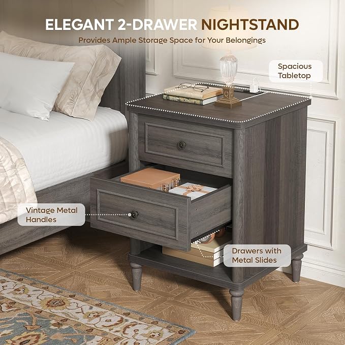 Bestier Nightstand Set of 2, 26.7" Farmhouse Night Stand with Chargeing Station, Wood Modern Nightstand with 2 Drawers & Shelf, Bed Side Table with Outlets & Ports, End Table for Bedroom, Black - Image 4