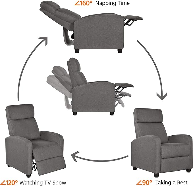 Topeakmart Fabric Recliner Sofa Push Back Recliner Chair Adjustable Modern Single Reclining Chair Upholstered Sofa with Pocket Spring Living Room Bedroom Home Theater Light Grey