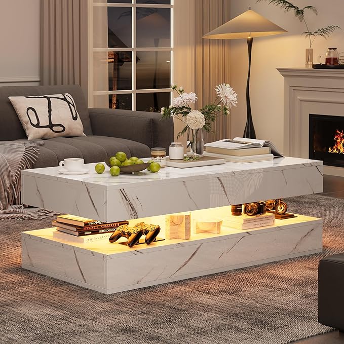 47" Modern LED Coffee Table with 2 Drawers, High Glossy Double-Layer Center Table with Wireless Charging and Built-in Bluetooth Speaker Smart Table for Living Room with Marbling White