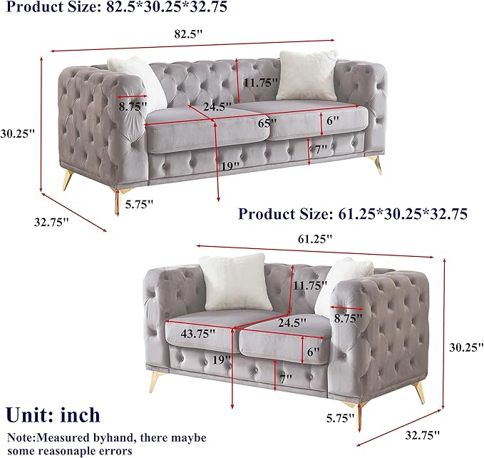 KEIKI 2-Piece Luxury Chesterfield Sofa Set with 1 Velvet 3-Seater Sofa & 1 Loveseat Sofa, Mid-Century 5-Seater Tufted Button Couch Set with 4 Pillow & High-Density Foam Cushion, for Living Room, Pink