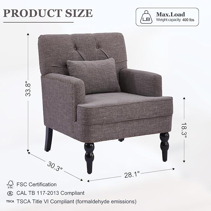 HUIMO Tufted Club Chair Set of 2 with Lumbar Pillow,Accent Chair Upholstered Button Armchair, Linen Fabric Sofa Chairs for Bedroom, Living Room, Mid Century Modern with Reading Chair (2, Gray)