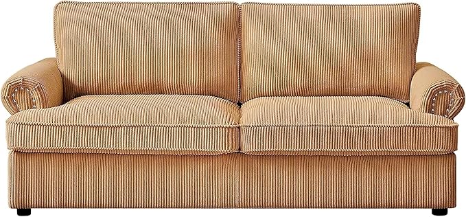 Reversible Sleeper Sofa Bed with Comfortable Memory Foam Mattress, Convertible Corduroy Full Size Pull Out Couch for Living Room, Space Saving Furniture, 76" Wide, Rounded Arms, Ginger