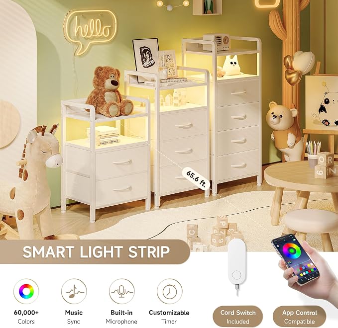 Lazzanto Night Stand Bedside Table Bedroom - White Nightstand with Charging Station & LED Light Strip, Morden Bed Side End Table with Storage Shelf & 2 Fabric Drawers, U-S-B Ports & AC Outlets - Image 4