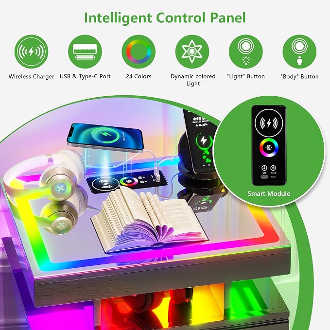 HNEBC RGB Nightstand with Wireless Charging Station, LED Night Stand with Motion Sensor Lights, Smart Bedside Table with Changing Strip Lights with Remote,High Gloss Side Table/Glass Top (Black) - Image 4