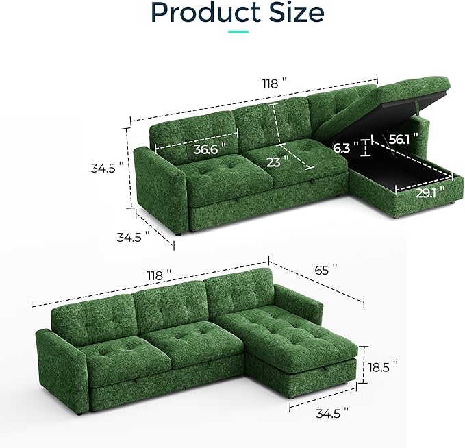 118" Oversized Modular Sofa with Storage, L Shaped Sectional Couch with Chaise and Adjustable Armrest, Comfy Chenille Cloud Couches for Living Room Apartment, Green