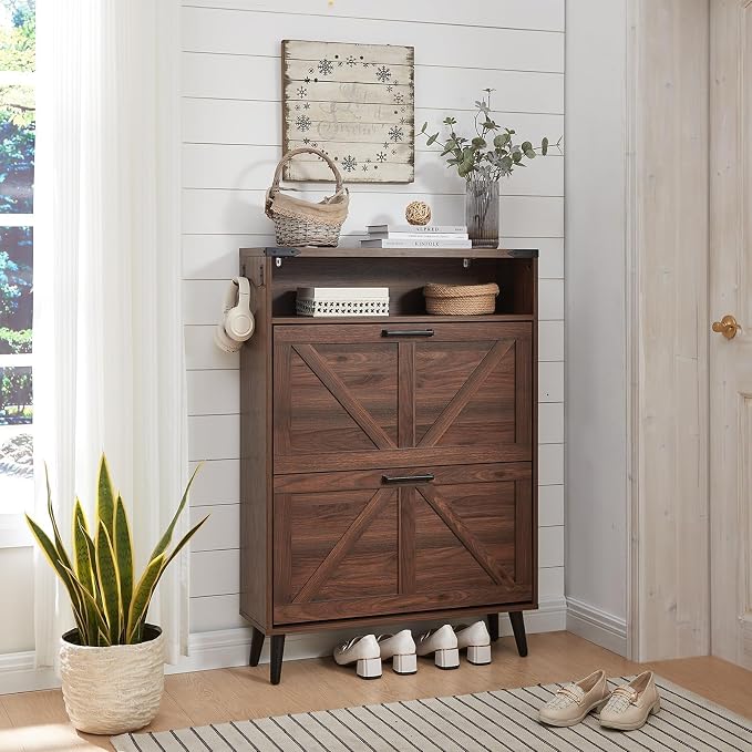 Barnyatoh Shoe Storage Cabinet,Farmhouse Shoe Organizer with 2 Flip Drawers & Barn Door Design,Freestanding Hidden Slim Narrow Shoe Rack Cabinet with Open Storage for Entryway, Foyer,Hallway, Walnut by Barnyatoh