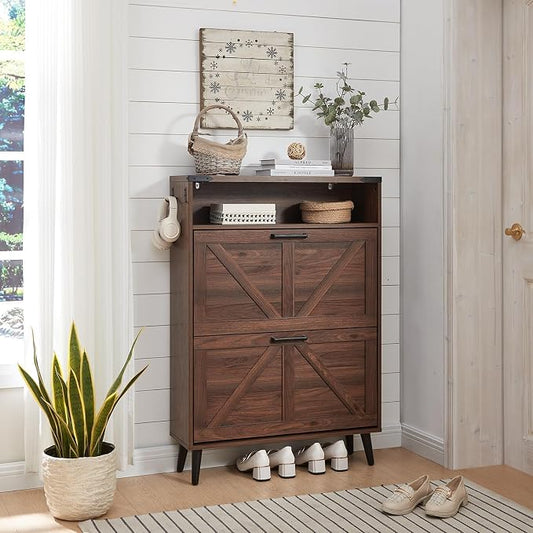 Barnyatoh Shoe Storage Cabinet,Farmhouse Shoe Organizer with 2 Flip Drawers & Barn Door Design,Freestanding Hidden Slim Narrow Shoe Rack Cabinet with Open Storage for Entryway, Foyer,Hallway, Walnut by Barnyatoh