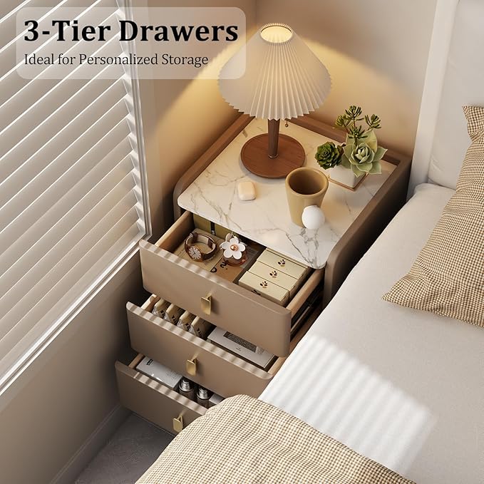 AQIMUELE Narrow Nightstand with Drawers, Narrow Side Table Leather, Small Bedside Tables for Bedroom. (Beige) - Image 5