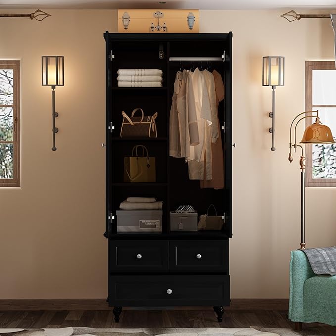 MOUMON 2 Door Armoire Wardrobe Closet with 3 Drawers, Vintage Wardrobe Cabinet with Hanging Rod, Bedroom Armoire Closet with Shelves, for Bedroom, Black, 19.7”D x 31.5”W x 70.9”H