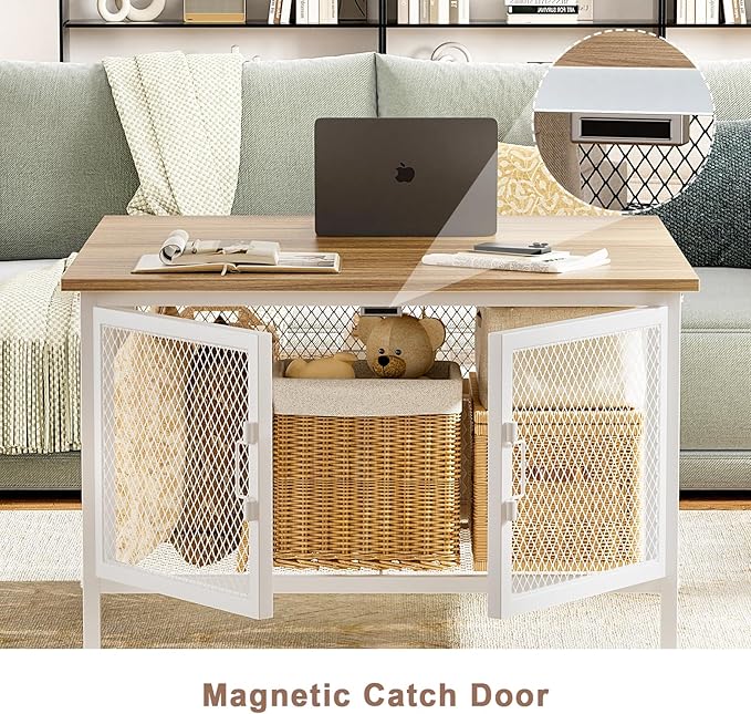 FABATO Flip Top Coffee Table, Square Coffee Table Metal Wood, Farmhouse Lift Up Coffee Tables Cocktail Table with Wire Mesh Barn Door and Storage, Steel Frame, Small Tea Table for Living Room, White