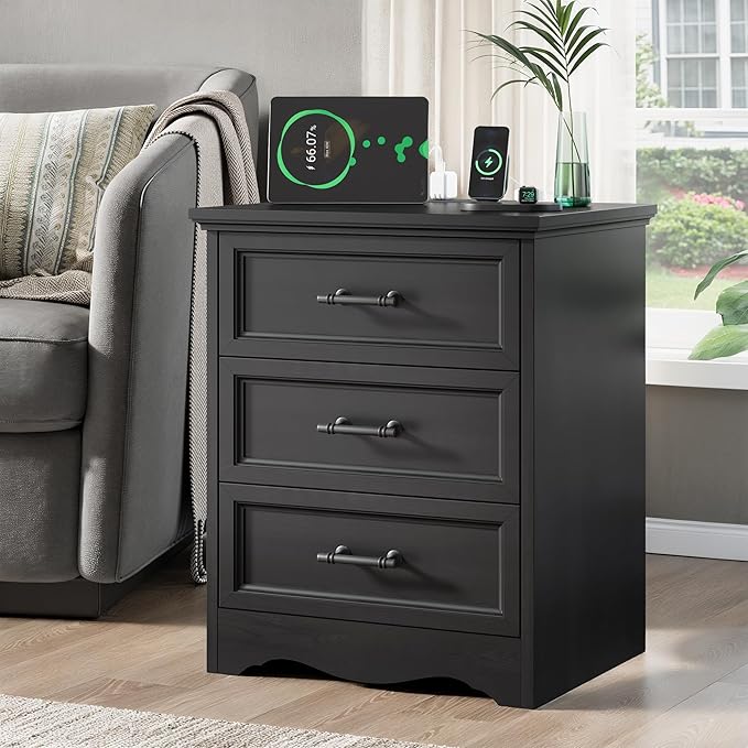 Bedroom Set, 4 Pieces Bedroom Furniture Set, 47"W 7 Drawer Dresser, 44"H 6 Drawer Dresser and 3 Drawers Nightstands with Charging Station, Farmhouse Storage Organizer Cabinet for Bedroom, Black