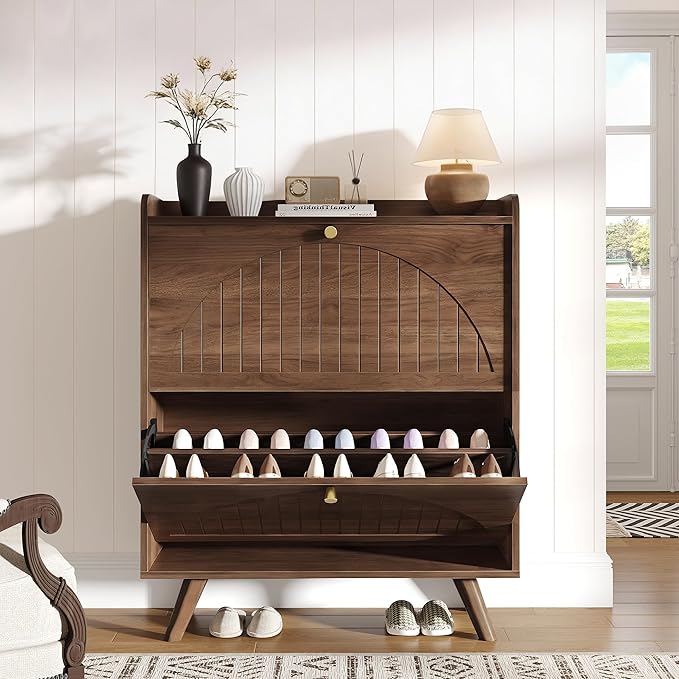 Decofy 37.6” Shoe Cabinet with 2 flip-Down Drawers, Three Adjustable Levels, Suitable for entryway, Hallway, and Living Room (Walnut) by Decofy