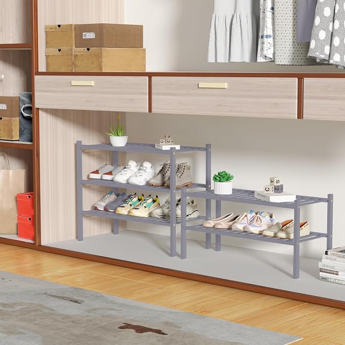 ROMGUAR CRAFT 3 Tier Bamboo Shoe Rack for Closet Free Standing Wood Shoe Shelf Storage Organizer for Entryway Small Space Stackable 27"x11"x20" (Grey) - Image 4