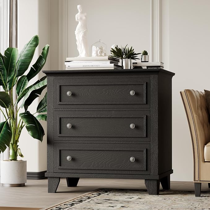 GAOMON 3 Drawer Dresser for Bedroom, Black Wood Chest of Drawers Bedroom Dresser, Rustic Small Drawers Dressers Nightstand Wooden Closet Storage Cabinet for Living Room by GAOMON