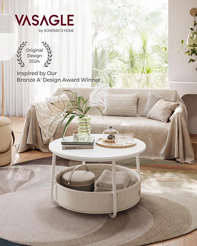 VASAGLE LILEA Collection - Coffee Table with Storage, Round Center Table for Living Room with Fabric Basket, Modern Style, Metal Frame, Matte White and Camel Brown ULCT244W10