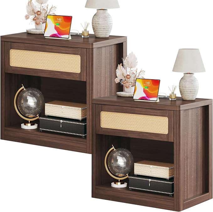 Rattan Nightstands Set of 2, Night Stand with Wireless Charging, Mid Century Modern Bedside Table with Drawer & Open Shelf, Curved Profile Design, End Side Table with Storage for Bedroom, Living Room by HUAHUU