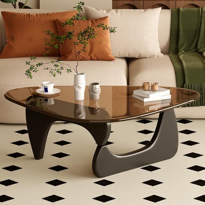 Coffee Table for Living Room Mid Century Modern Center Table with Glass Top and Wood, Brown/Black