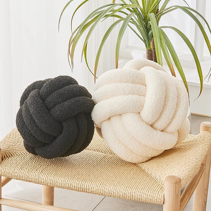 LUSJNGE Decorative Throw Knot Pillow Ball for Home Chair Sofa Couch Bed Aesthetic Round Decor Pillows Lambswool Knotted Pillow Cushion (Beige, 13 inches)