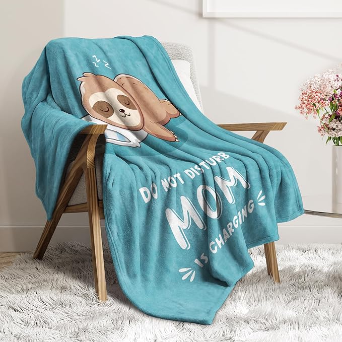 Funny Gifts for Mom Mothers Day, Mom is Charging Sloth Blanket, Birthday Gifts for Moms from Daguther Son, Moms Gift for Mothers Day, Soft Sloth Throws Blanket for Mother, Cyan, 60" x 80"