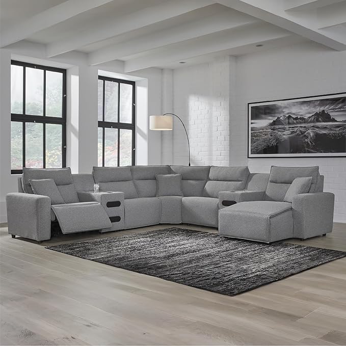 Signature Design by Ashley Modern ModMax II Stain Resistant U-Shape Left-Arm Facing 7-Piece Power Reclining Sectional with Chaise and Adjustable Headrest, Gray