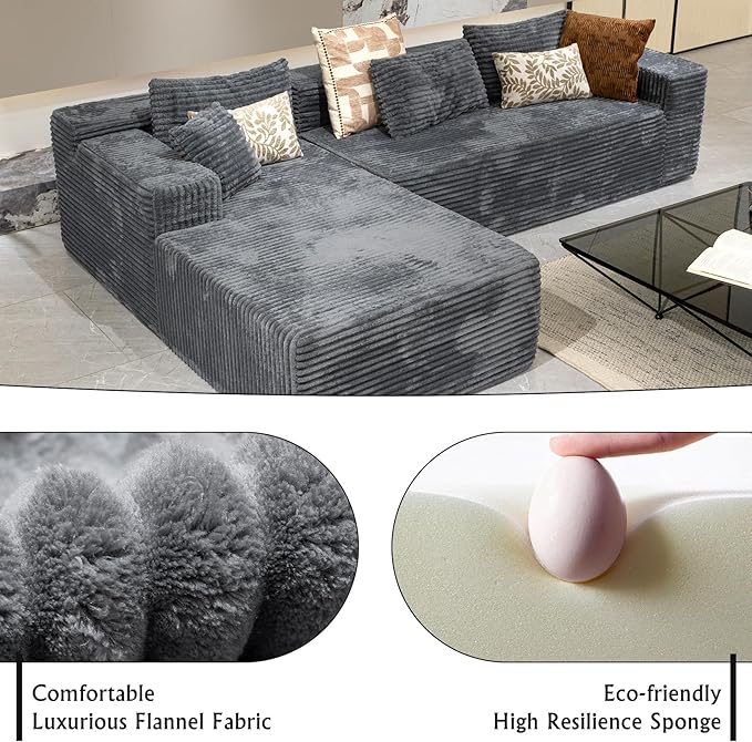 Grey sectional couches for Living Room-Corduroy Couch，104" Cloud Sectional Couch with L-Shape Chaise， Modern Modular Sofa, Deep Seat Comfort, No Assembly Required(Plush Corduroy Fabric)