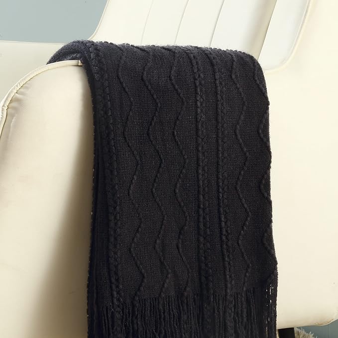 CREVENT Knitted Decorative Throw Blanket for Couch Sofa Chair Bed???Soft Warm Cozy Light Weight for Spring Summer (50''X60'' Black)