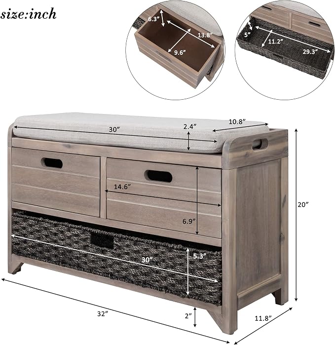 SOFTSEA Storage Bench for Entryway, Upholstered Storage Ottoman with Removable Basket and 2 Drawers, Farmhouse Shoe Bench with Seat Cushion for Entryway, Living Room, Full Assembled, White Wash - Image 2