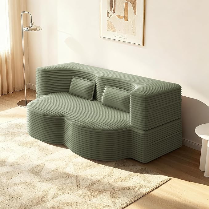 78" Convertible Sofa Bed, 2-in-1 Folding Floor Couch with 2 Pillows, Sleeper Sofa for Living Room and Bedroom, No Assembly Required (Green, Corduroy Fabric)