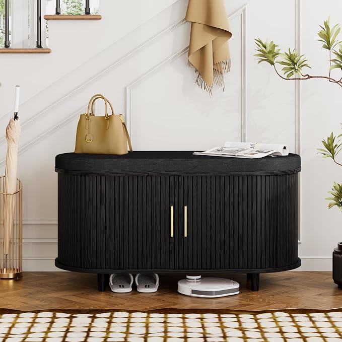 DHH 2-Tier Storage Bench,Wide Shoe Bench with Thickened Padded Seat Cushion, Mid Century Modern Fluted Sliding Door and Adjustable Shelf, for Entryway, Living Room, Bedroom (Black, 35.4“) by DHHFurnitureBuyNow