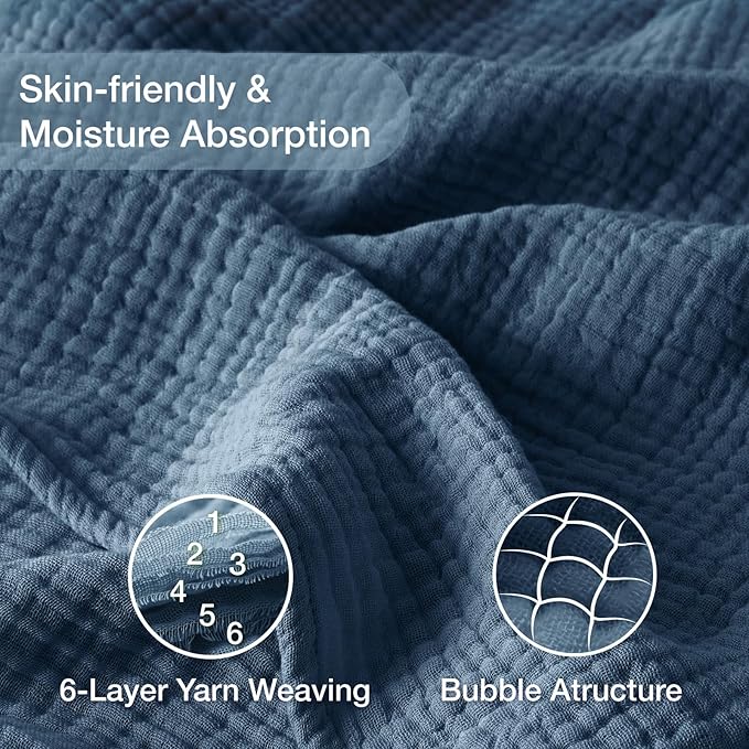 100% Cotton Muslin Blanket 50" x 60", Breathable and Lightweight Cotton Throw Blankets for Couch, Soft Cooling Summer Gauze Blanket for Adults All Season, Grayish Blue