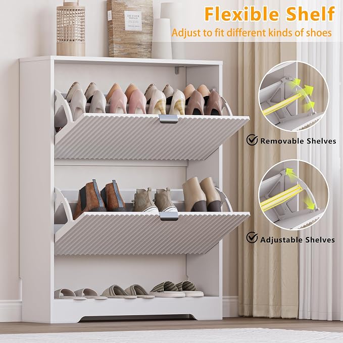 BORNOON Shoe Cabinet with 2 Flip Drawers, Fluted Shoe Storage Cabinet with Adjustable Shelves, Freestanding Rack and Organizer for Entryway, Closet, Hallway - Image 3