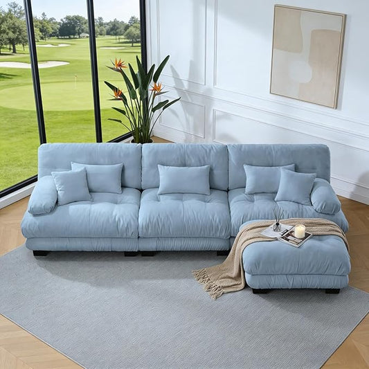 133.8" L-Shaped Cloud Couch, Oversized Modular Sectional Sofa, Deep Seat Cloud Boneless Couch, 3-Seat Modular Sectional Sofa with Ottoman or Living Room,Bedroom and Apartment, Blue