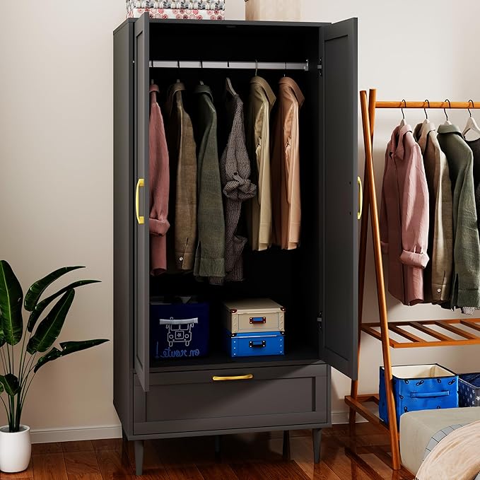Gyger Wardrobe Closet with Drawer, Armoires and Wardrobes with Shelves and Hanging Rail,Freestanding Wooden Wardrobe Cabinet for Bedroom,Black
