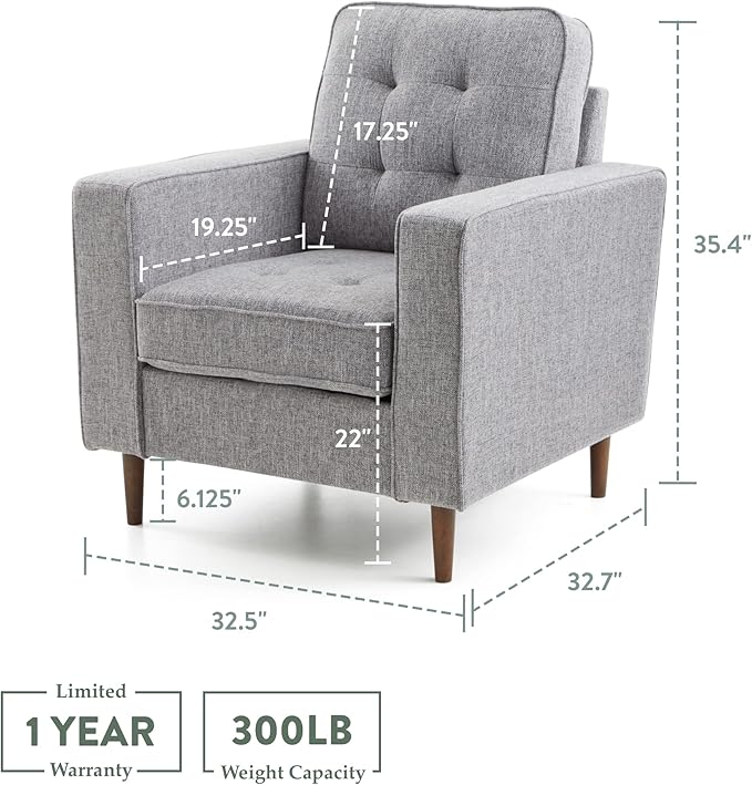 Edenbrook Lynnwood Upholstered Accent Chair - Living Room Furniture - Office - Bedroom - Mid-Century Modern Design - Armchair - Buttonless Tufting - Simple Assembly - Solid Frame - Light Gray
