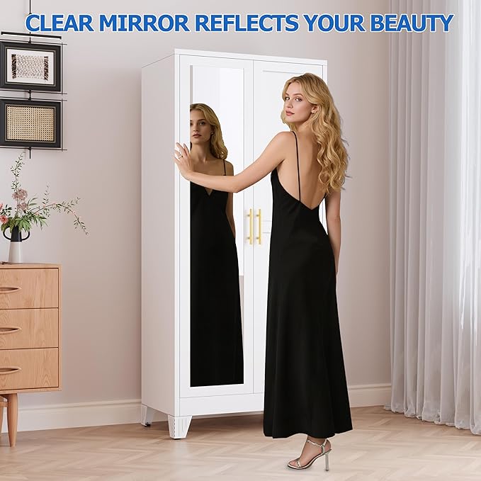 GAIOUS Metal Wardrobe Cabinet with Mirror and Hanging Rod, 71" Metal Clothing Storage Cabinets with 2 Doors and Adjustable Shelves, White Armoire Wardrobe Closet for Bedroom, Laundry Room, Cloak Room