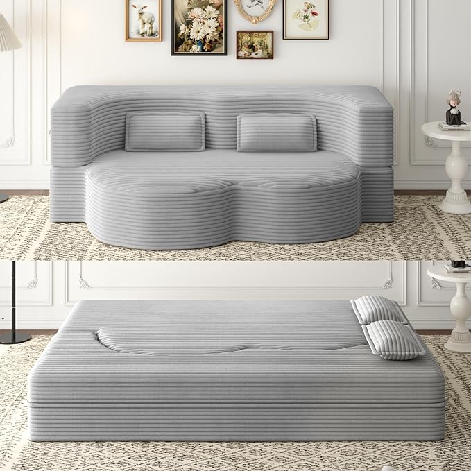 KEIKI Corduroy Floor Sofa Convertible Couch, 15" Full Size Foam Folding Mattress Sleeping Sofa, Lounge Floor Couch Hidabed Sleeper Bed with 2 Pillows, Light Gray