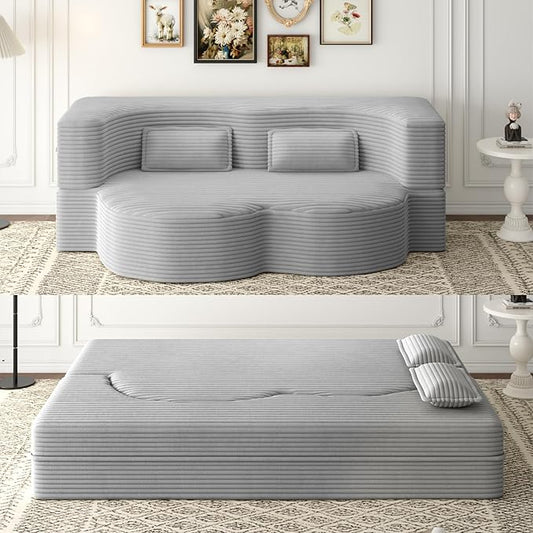 KEIKI Corduroy Floor Sofa Convertible Couch, 15" Full Size Foam Folding Mattress Sleeping Sofa, Lounge Floor Couch Hidabed Sleeper Bed with 2 Pillows, Light Gray
