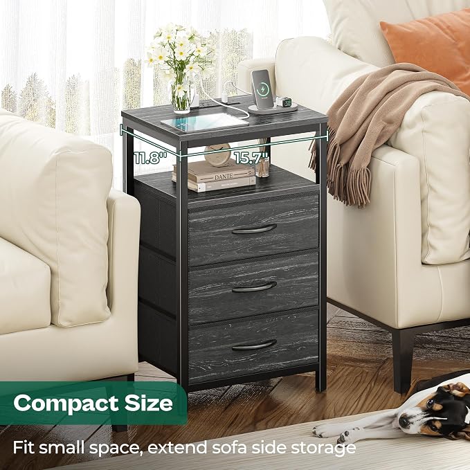 Huuger Nightstand with Charging Station, 27.6 Inch End Table Bedside Table with USB Ports and Outlets, Night Stand for Bedroom, Fabric Drawers, Charcoal Black Wood Grain Print - Image 6